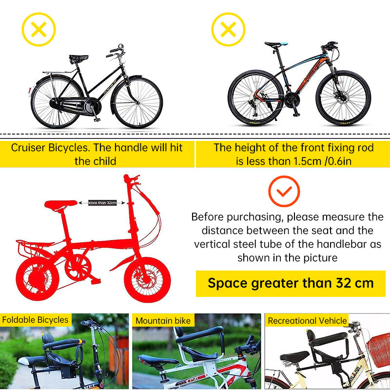 Eprolo heavy duty front bicycle child seat with 3-point safety belt, non-slip pedals, adjustable fit, supports up to 35kg.