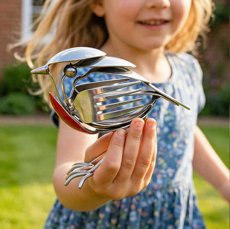 Handmade stainless steel mockingbird sculpture with recycled spoon and fork, decorative bird art for home or office decor by eprolo