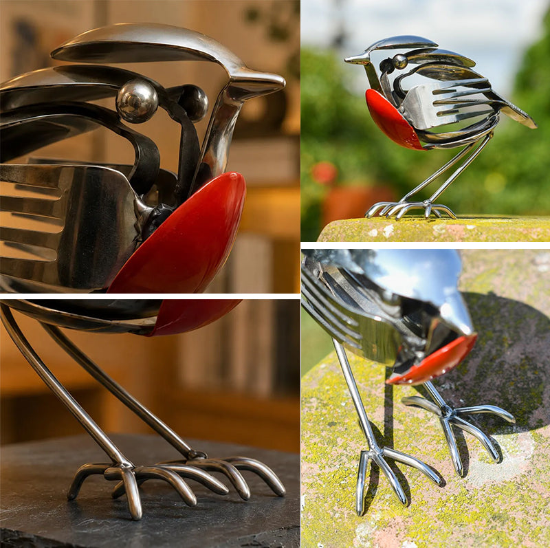 Handmade stainless steel mockingbird sculpture featuring recycled spoon and fork, ideal for home or office decor by eprolo.