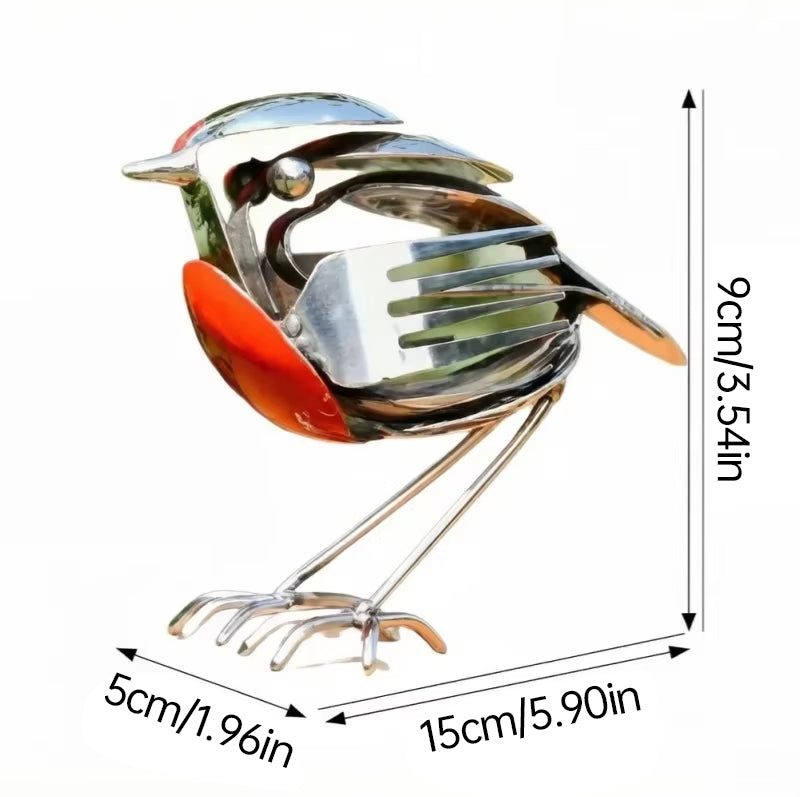Handmade stainless steel spoon and fork bird sculpture by eprolo, recycled metal mockingbird art for home or office decor.