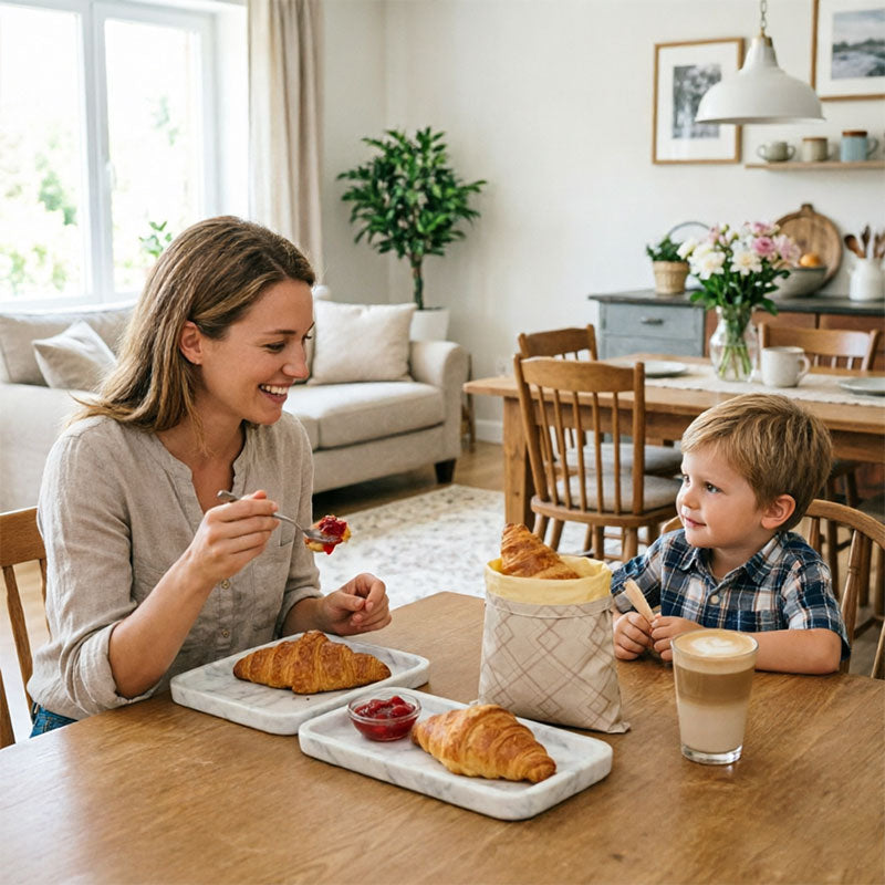 Reusable beeswax bread bags made of natural beeswax-lined cotton, suitable for fridge and freezer storage by eprolo.