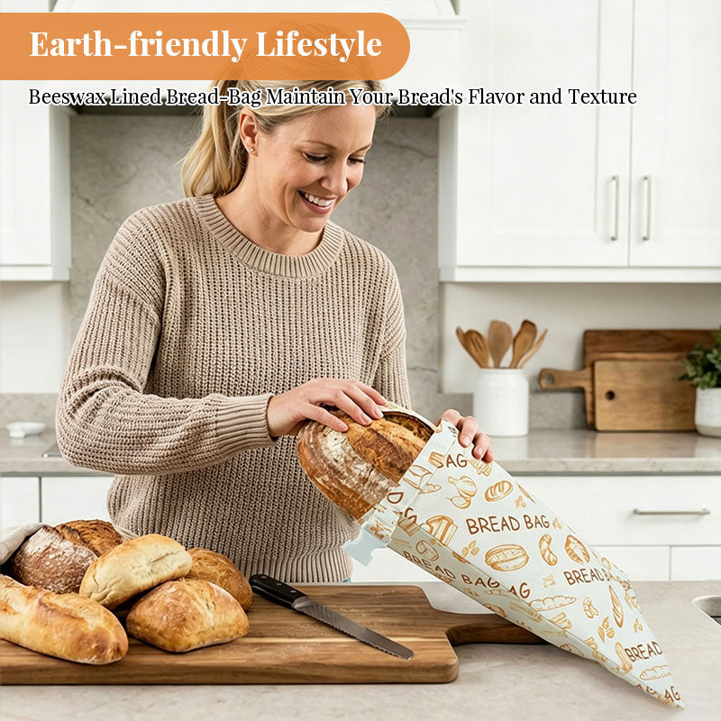 Reusable beeswax bread bags by eprolo, natural beeswax-lined cotton bags for storing bread in freezer and fridge.