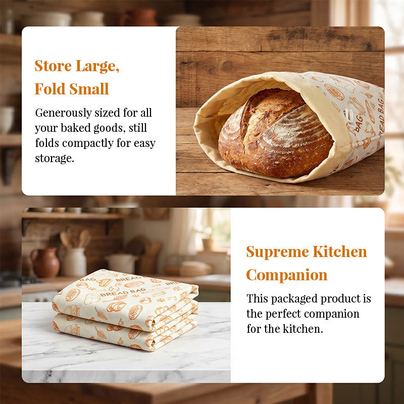 Reusable beeswax bread bags by eprolo, natural beeswax-lined cotton bags for storing bread in freezer or fridge.