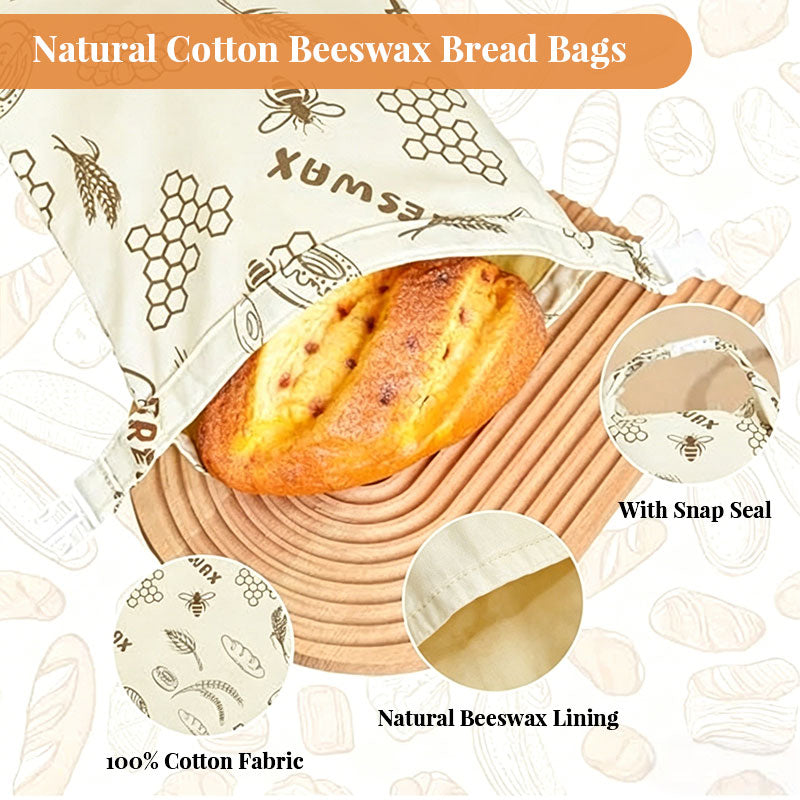 Reusable beeswax bread bags from eprolo, natural beeswax-lined cotton storage bags for fridge and freezer bread preservation.