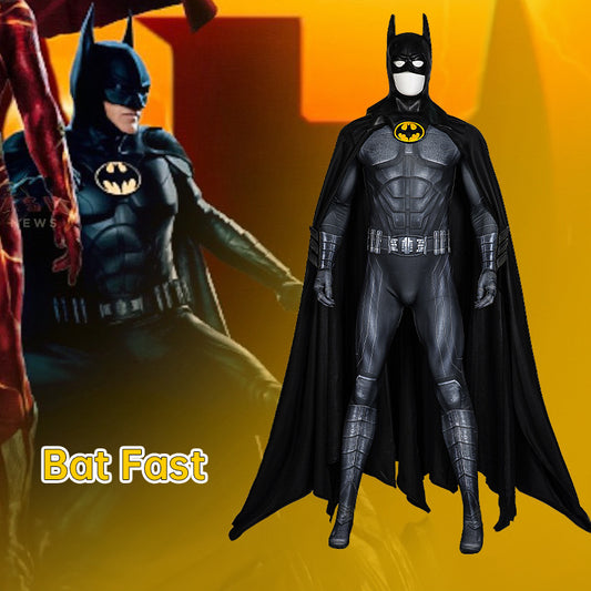 Hero Armor Michael Keaton Batman cosplay costume with black leather jumpsuit, boots, and cowl, full set Halloween outfit for adults.
