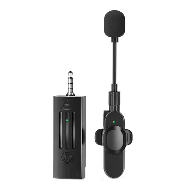 Wireless K35D microphone by eprolo, collar style for teachers, with 3.5mm connector and extended video receiver in classroom setup.