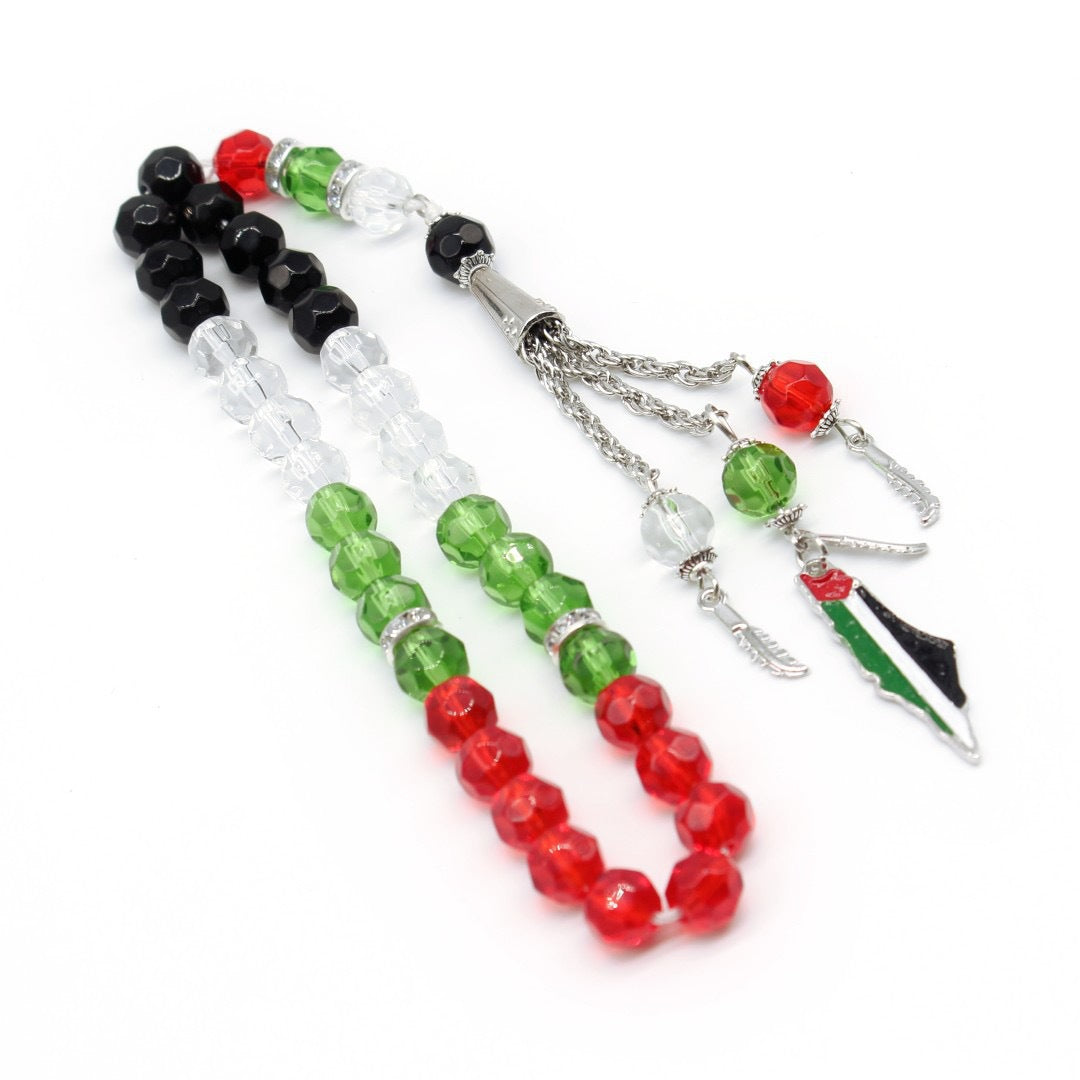 Palestinian flag colored crystal glass prayer beads with 33 beads, from eprolo, displayed on a neutral background.