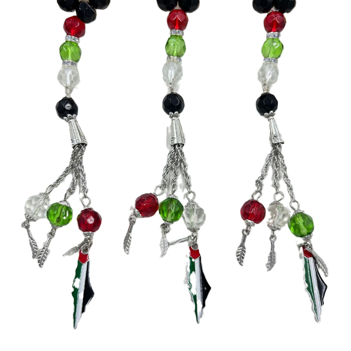 Eprolo 33 prayer beads in Palestinian flag-colored crystal glass, featuring vibrant red, green, black, and white beads for spiritual use.