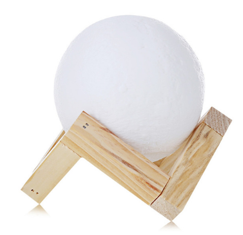 Rechargeable 3D print moon lamp by eprolo with 2 color options and touch switch, placed on a bedroom bookcase.