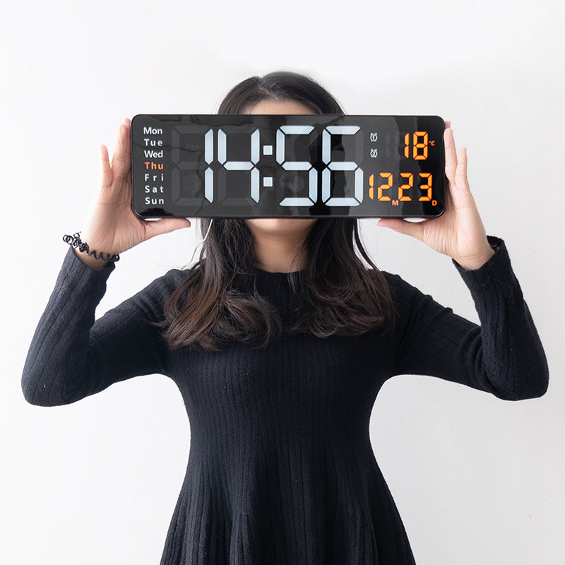 Large LED digital wall clock by eprolo with remote control, temperature, date, week display, timer, and dual alarm functions.
