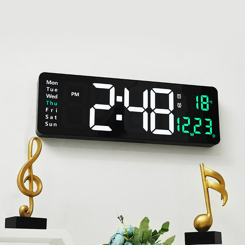 Large LED digital wall clock by eprolo featuring remote control, temperature, date, week display, timer, and dual alarms.