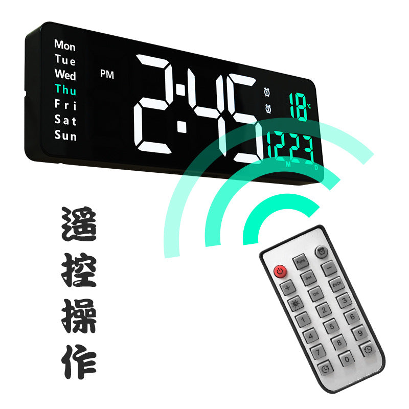 Large LED digital wall clock by eprolo with remote control, temperature, date, week display, timer, and dual alarms in a modern design.