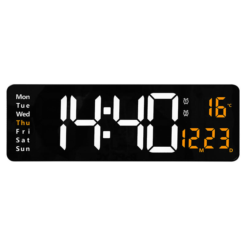 Large LED digital wall clock by eprolo showing time, date, temperature, and week with remote control and dual alarms.