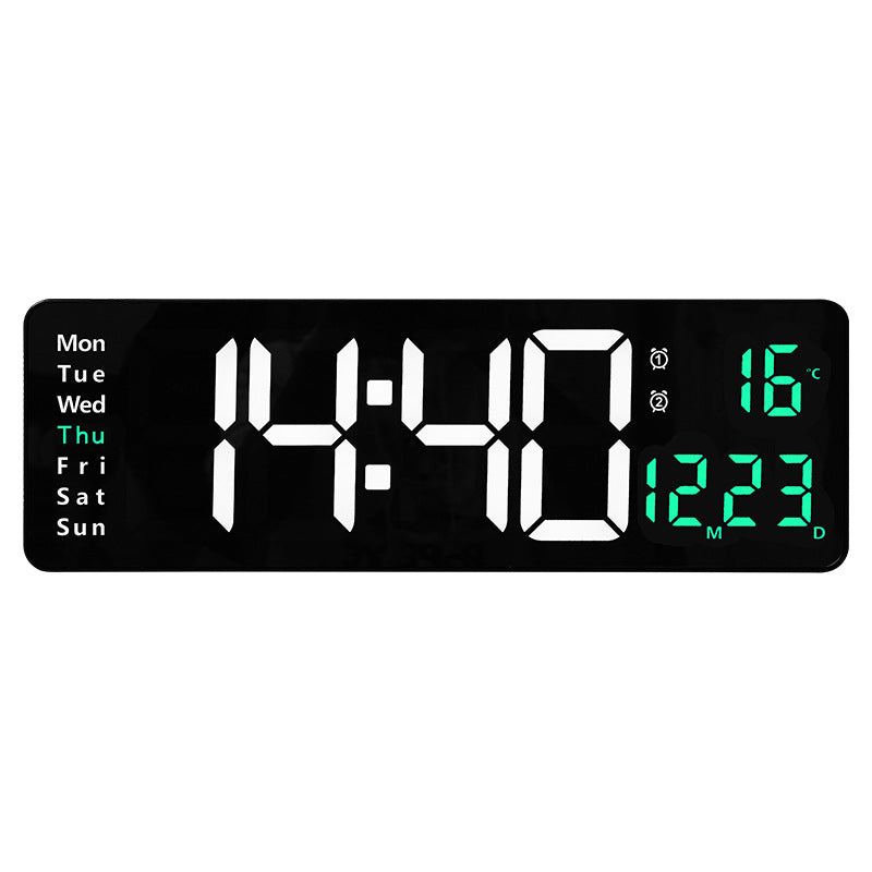 Large LED digital wall clock by eprolo with remote control, displaying time, date, temperature, week, and dual alarms.