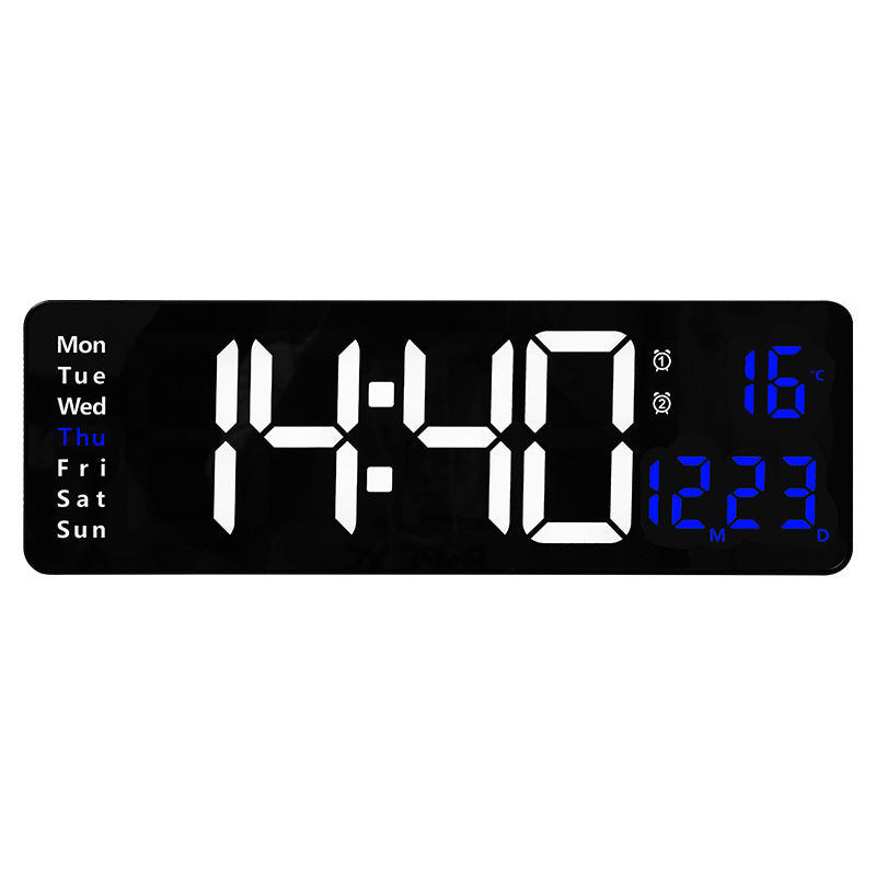 Large LED digital wall clock by eprolo showing time, date, temperature, week display, and dual alarms with remote control functionality.