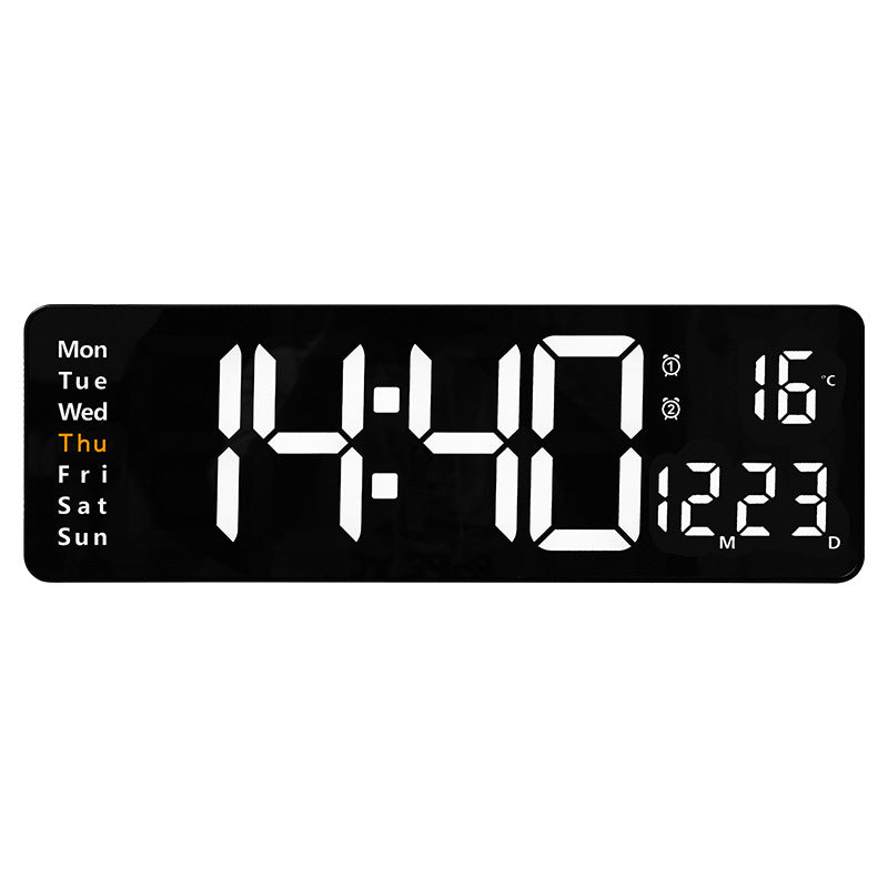 Large LED digital wall clock by eprolo with remote control, displaying temperature, date, week, and dual alarms.