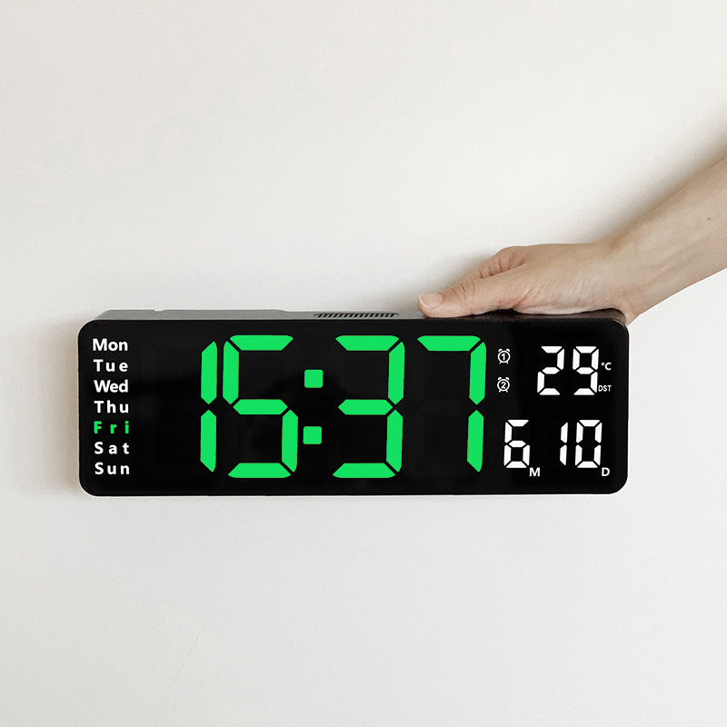 Large LED digital wall clock by eprolo showing time, temperature, date, week, and dual alarms, wall-mounted with remote control.