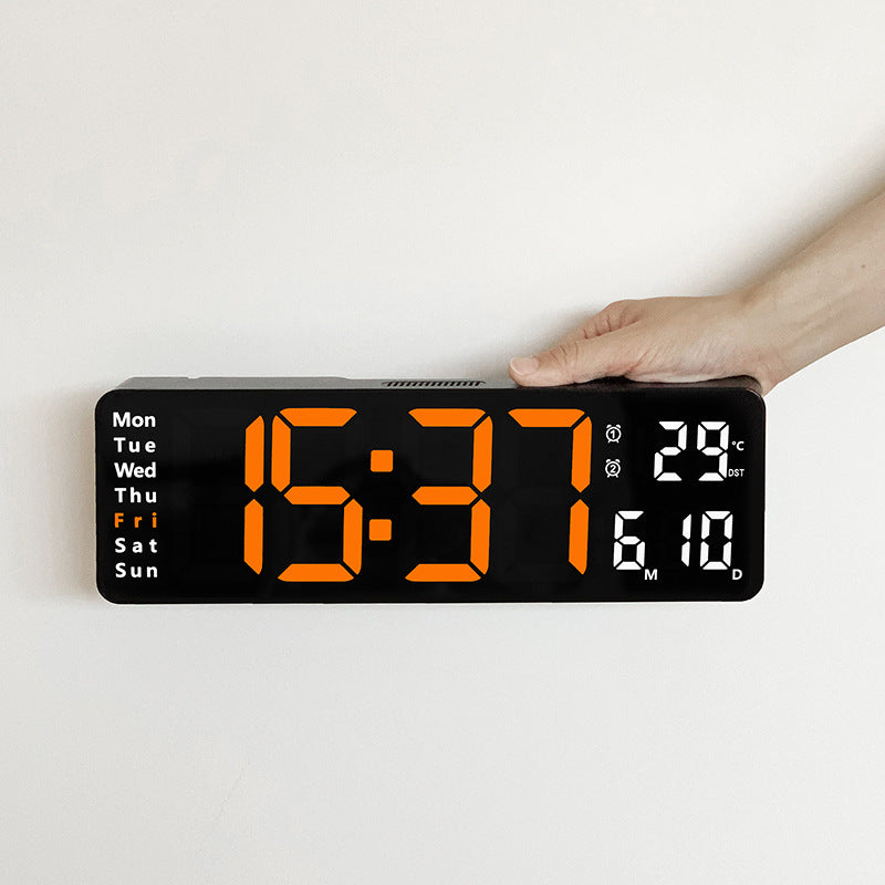 Large LED digital wall clock by eprolo with remote control, displaying temperature, date, week, and dual alarms.