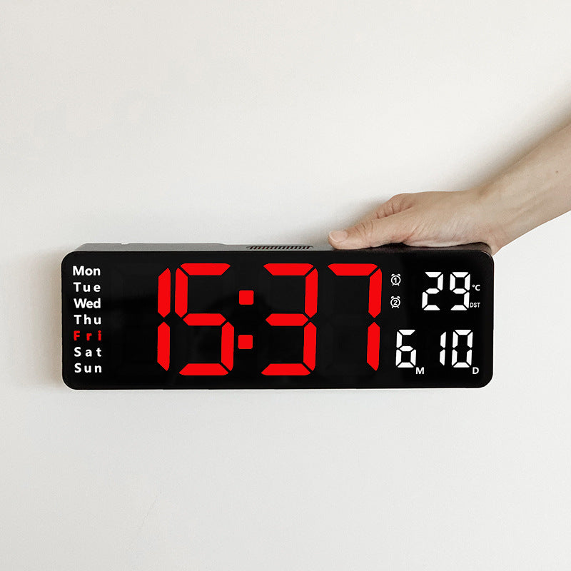 Large LED digital wall clock by eprolo displaying time, date, temperature, week, and dual alarms with remote control functionality.