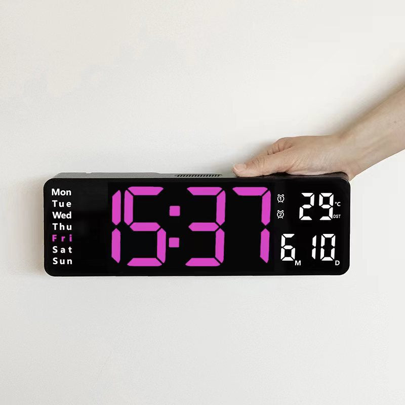 Large LED digital wall clock by eprolo showing time, date, week, temperature, with remote control and dual alarm features.