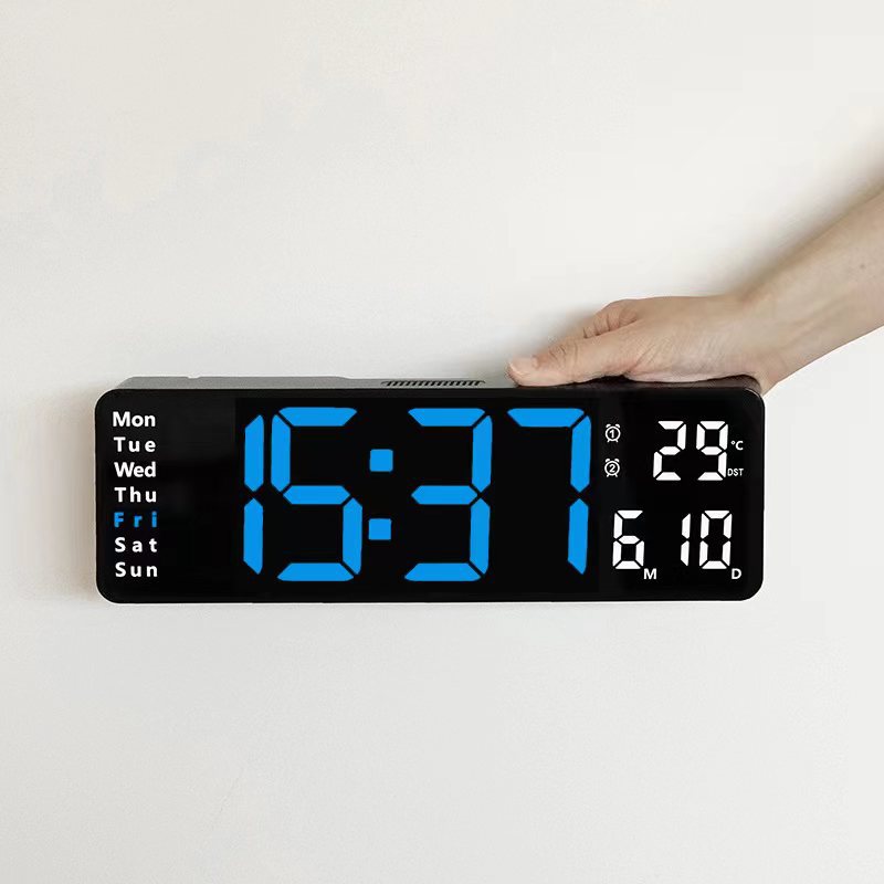 Large LED digital wall clock by eprolo with remote control, displaying temperature, date, week, timer, and dual alarms.