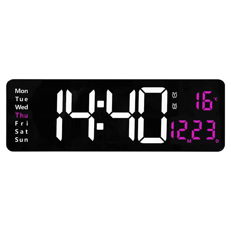 Large LED digital wall clock by eprolo with remote control, displaying time, date, temperature, week, and dual alarms.