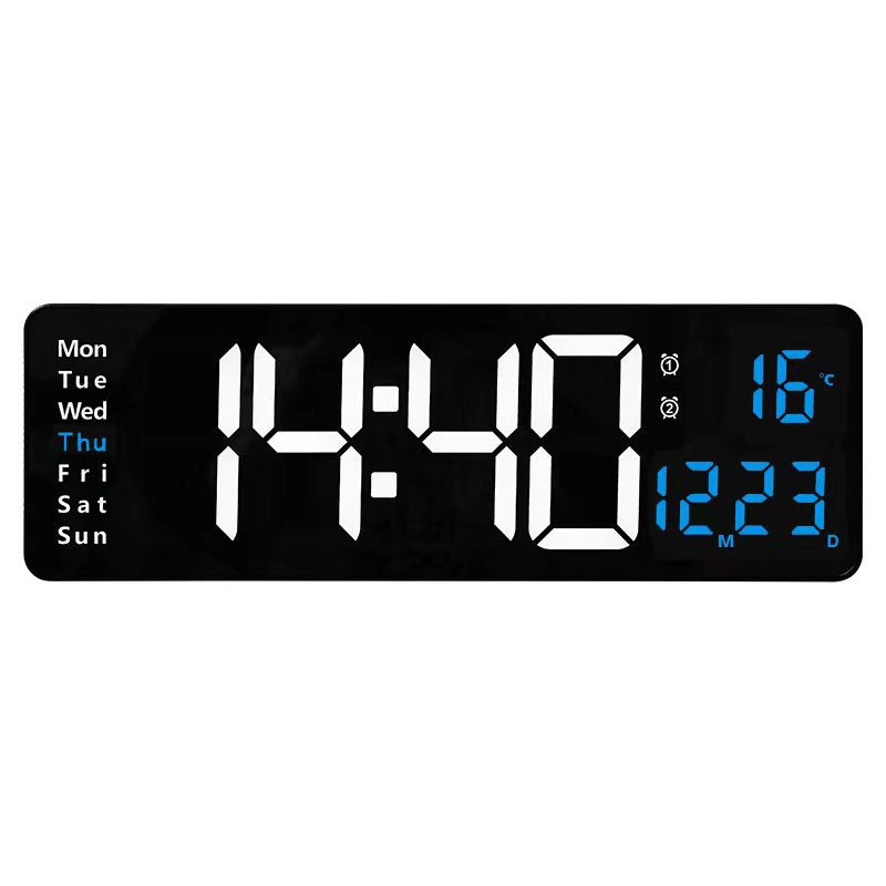Large LED digital wall clock by eprolo with remote, temperature, date, week, timer, and dual alarms, wall-mounted display.