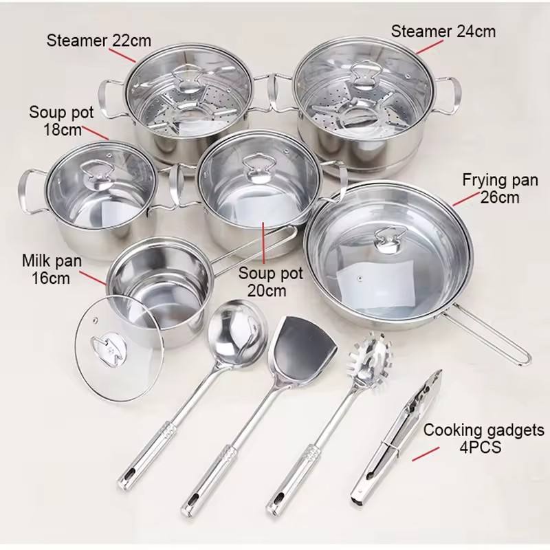 Eprolo stainless steel cookware set with 18 pieces including soup pots and cutlery, various sizes from 16cm to 26cm, on a kitchen countertop.