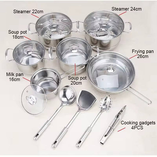 Eprolo stainless steel cookware set with 18 pieces including soup pots and cutlery, various sizes from 16cm to 26cm, on a kitchen countertop.