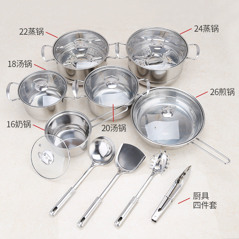 Eprolo stainless steel cookware set with 18 pieces including soup pots and cutlery, various sizes from 16 to 26cm for household kitchen use.