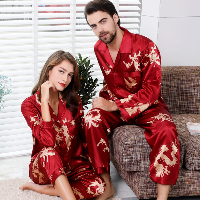 Eprolo silk couple sleepwear set with long sleeves, V-neck, printed dragon and phoenix design for men and women.