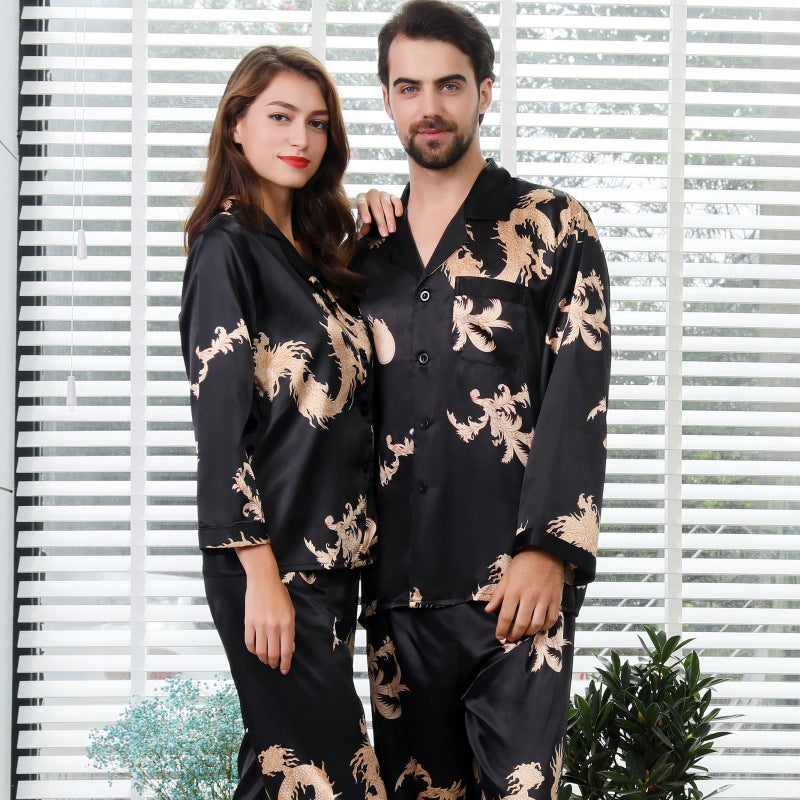 Eprolo silk couple sleepwear set with long sleeves, V-neck, dragon and phoenix print for men and women, comfortable home wear