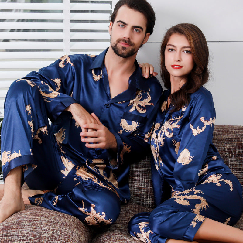 Eprolo silk couple sleepwear set with long sleeves, V-neck, dragon and phoenix print for men and women, comfortable home clothes.