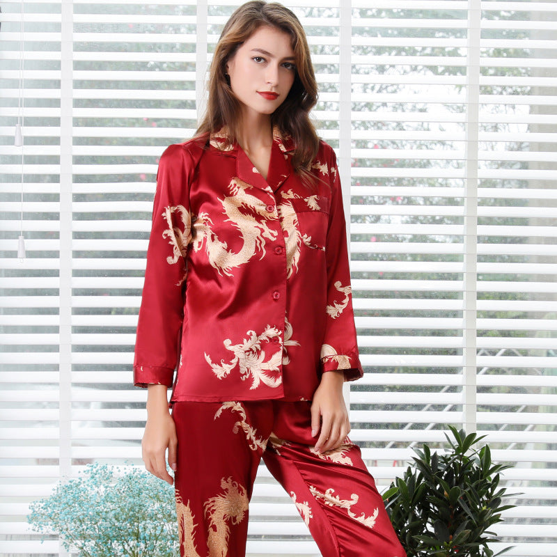 Simulated silk couple sleepwear set with long sleeves, V-neck, dragon and phoenix print for men and women, by eprolo.