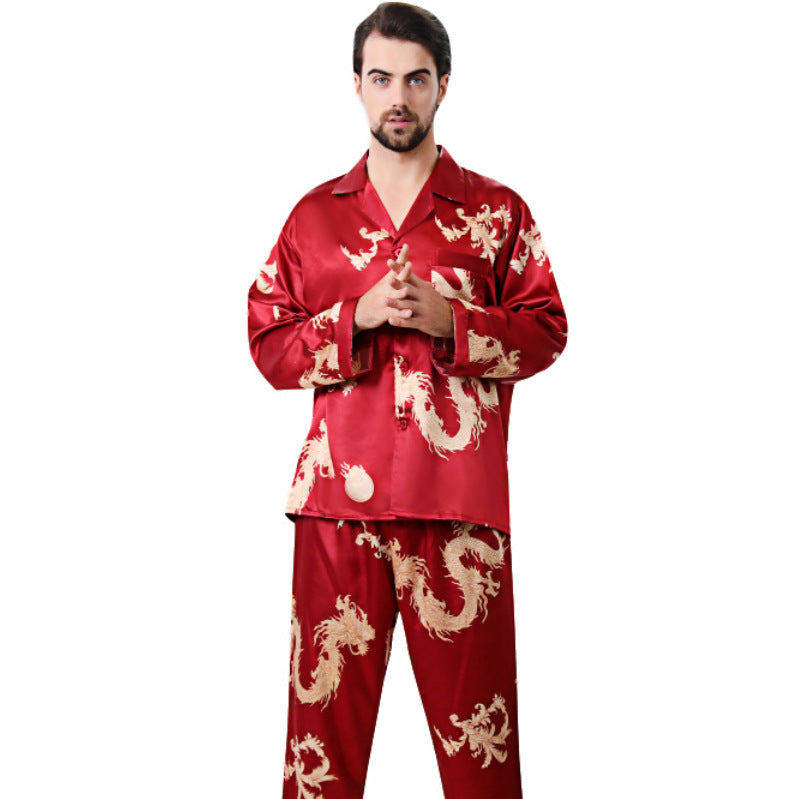 Simulated silk couple sleepwear set with long sleeves, V-neck, dragon and phoenix print, designed for men and women by eprolo.