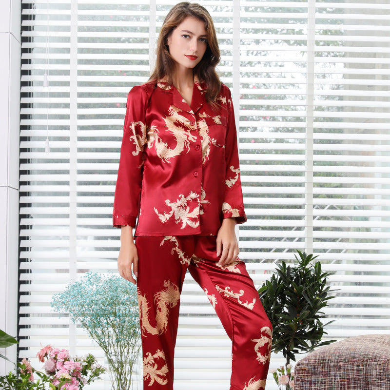 Eprolo silk couple sleepwear set with long sleeves, V-neck, printed dragon and phoenix design for men and women.