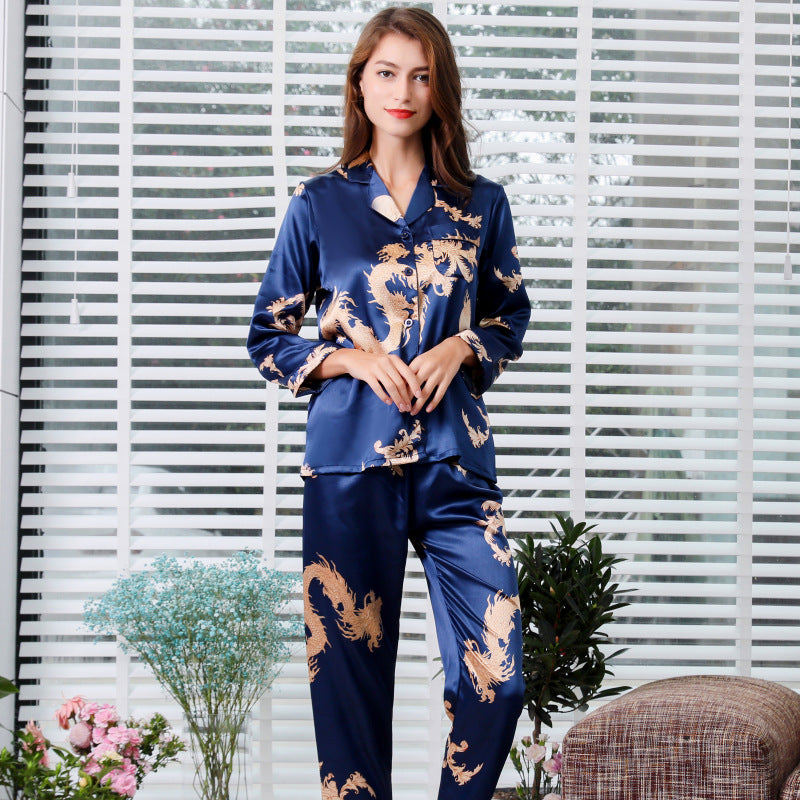 Simulated silk couple sleepwear set with long sleeves, V-neck, dragon and phoenix print for men and women.