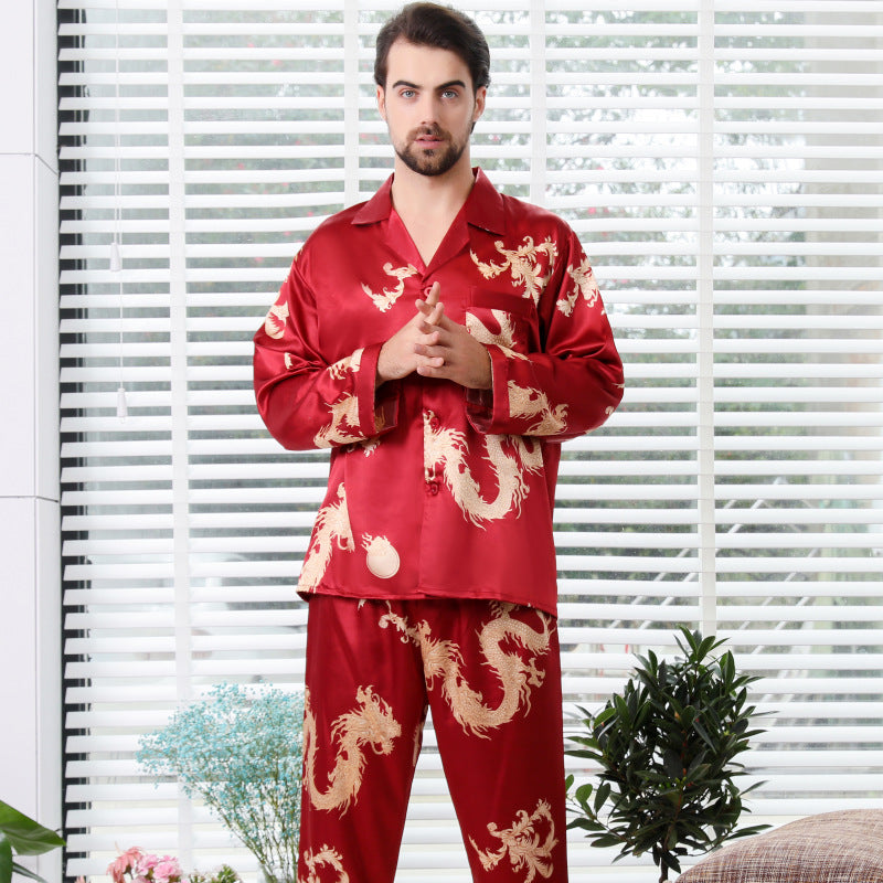 Eprolo simulated silk couple sleepwear set with long sleeves, V-neck, printed dragon and phoenix design for men and women