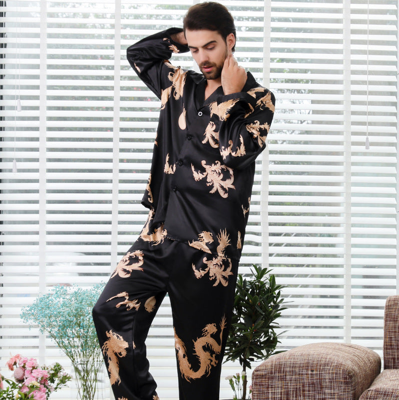 Eprolo men's and women's silk sleepwear set with long sleeves, V-neck, dragon and phoenix print, comfortable home clothes