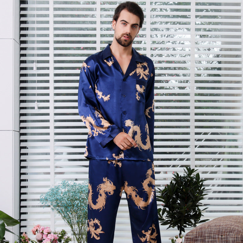 Eprolo simulated silk couple sleepwear set with long sleeves, V-neck, dragon and phoenix print for men and women.