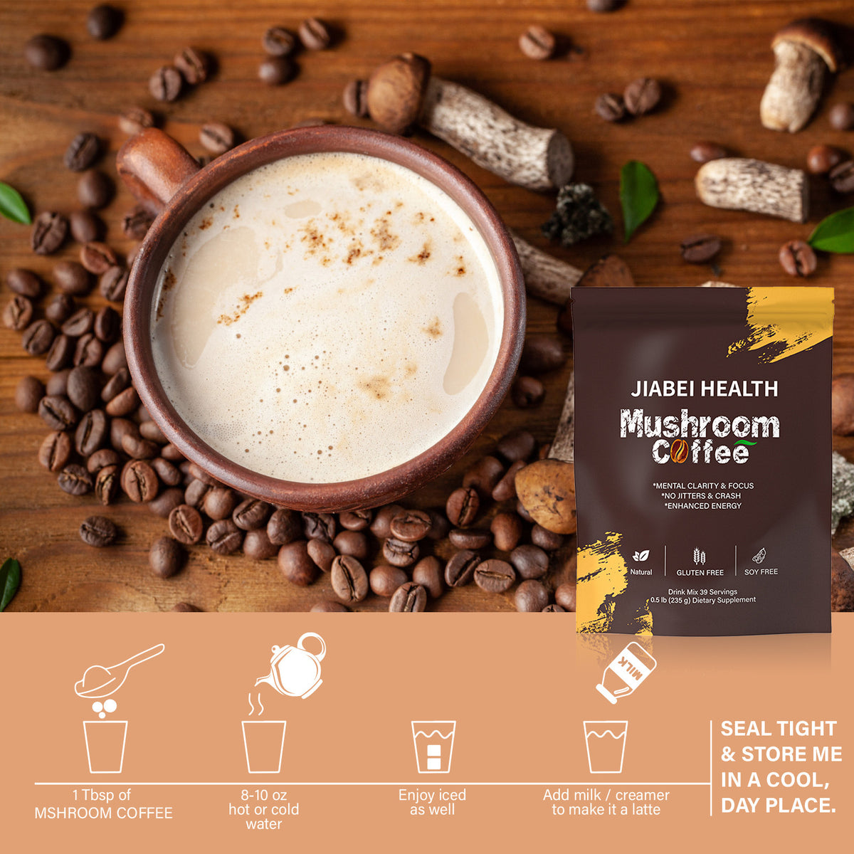 Bagged Mushroom King Turkey Tail Mushroom Coffee by eprolo featuring a small coffee bag with mushroom imagery and branding.