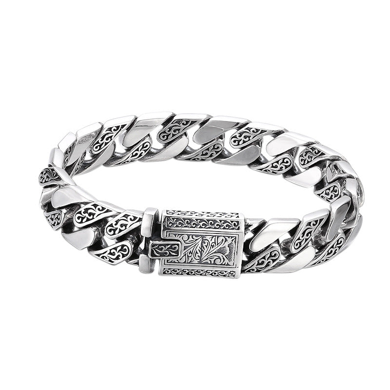 925 Silver Bracelet Pattern Cuban Link Thick Men's Thai Silver Vintage Oxidized Jewelry - American Smart