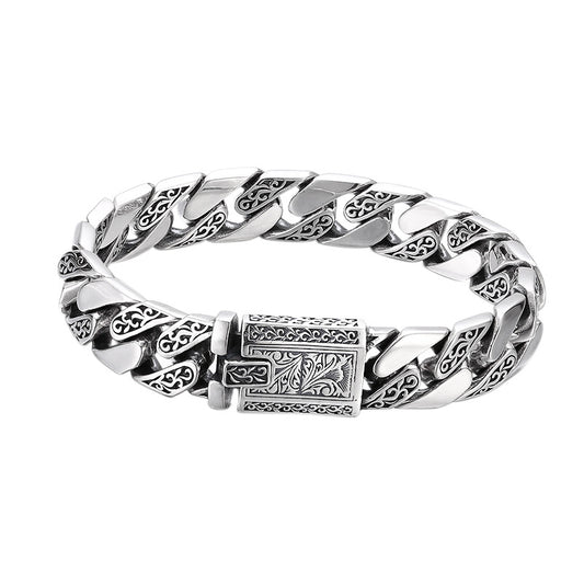 925 Silver Bracelet Pattern Cuban Link Thick Men's Thai Silver Vintage Oxidized Jewelry - American Smart