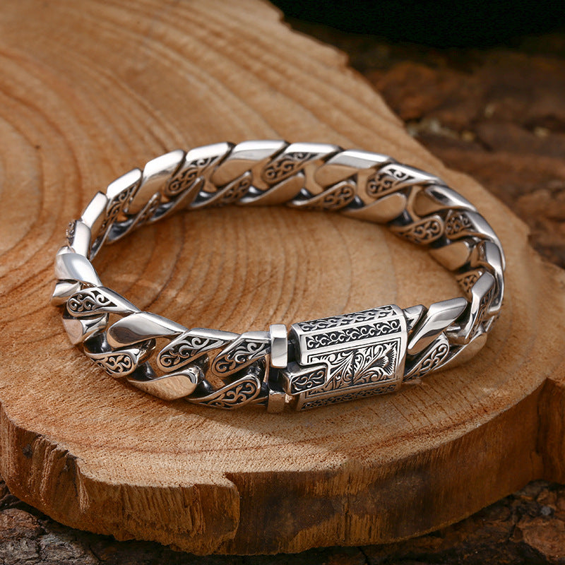 925 Silver Bracelet Pattern Cuban Link Thick Men's Thai Silver Vintage Oxidized Jewelry - American Smart