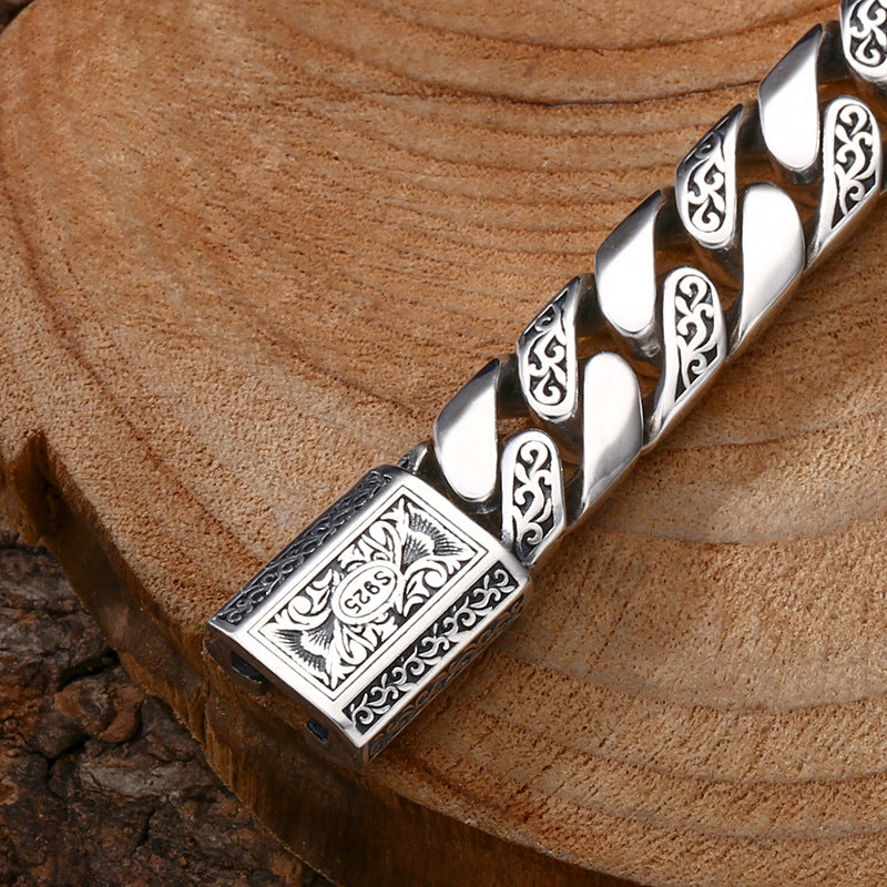 925 Silver Bracelet Pattern Cuban Link Thick Men's Thai Silver Vintage Oxidized Jewelry - American Smart