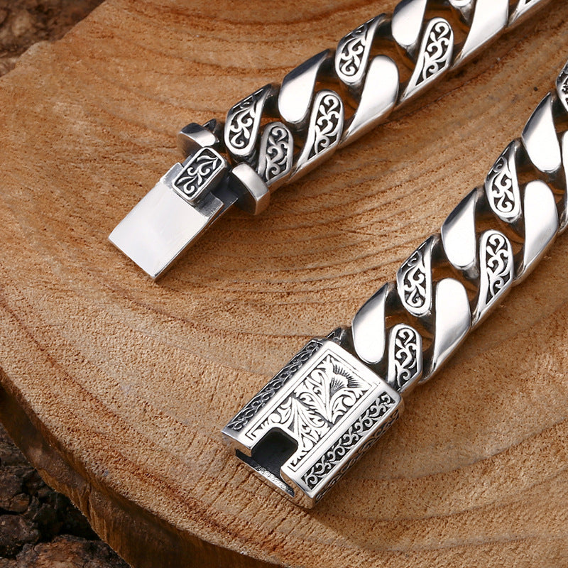 925 Silver Bracelet Pattern Cuban Link Thick Men's Thai Silver Vintage Oxidized Jewelry - American Smart