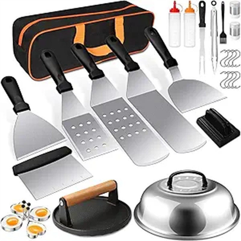 Eprolo 29-piece BBQ set with stainless steel grill tools, spatula, burger press, and accessories for outdoor grilling.