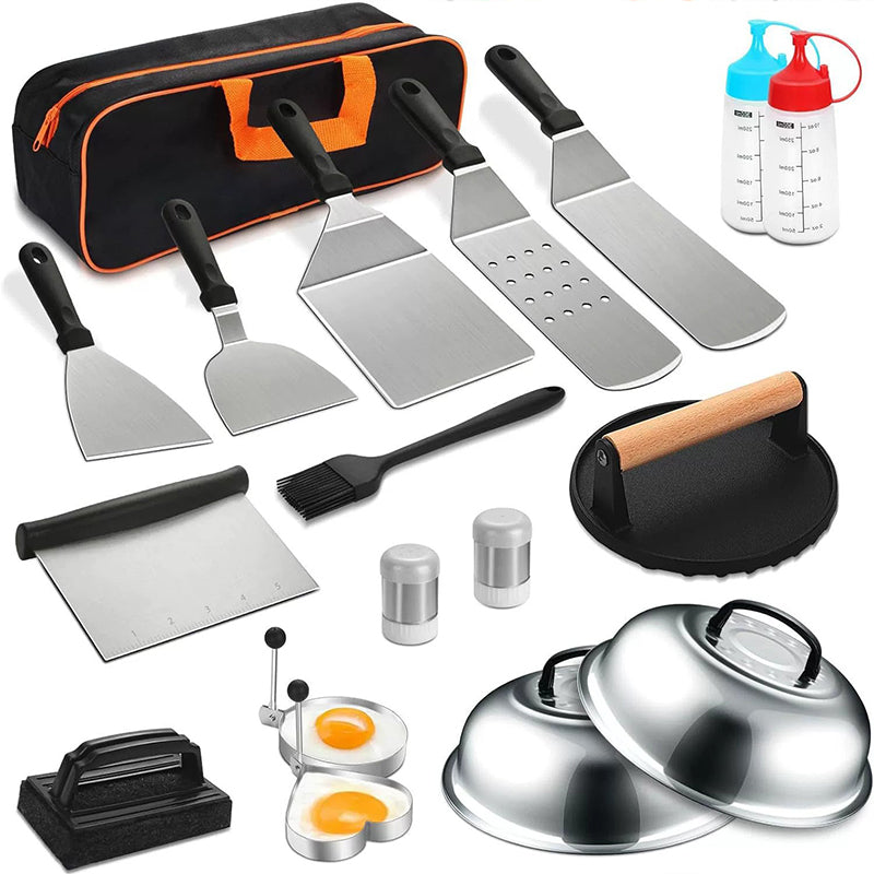 Eprolo 29-piece BBQ set with stainless steel grill tools, spatula, burger press, tongs, and skewers for outdoor grilling.