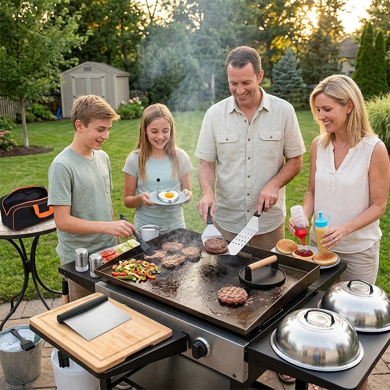 Eprolo 29-piece BBQ set with stainless steel grill tools, spatula, burger press, tongs, and utensils for outdoor grilling.