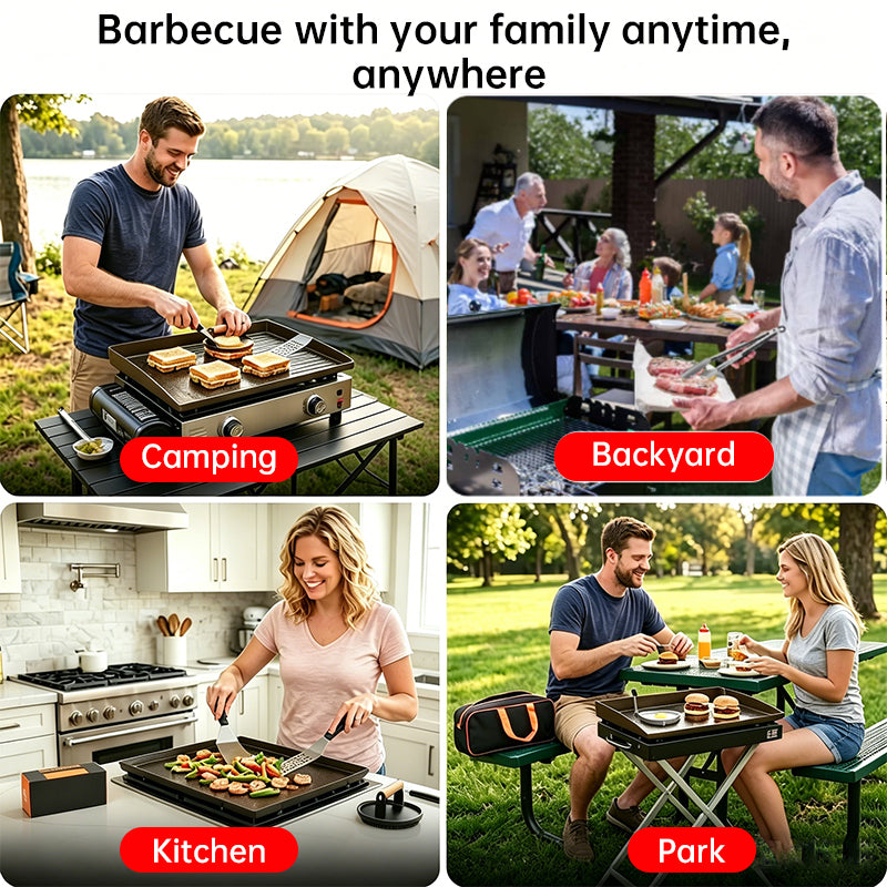 Eprolo 29-piece BBQ set with stainless steel grill tools, spatula, burger press, tongs, and skewers for outdoor grilling.